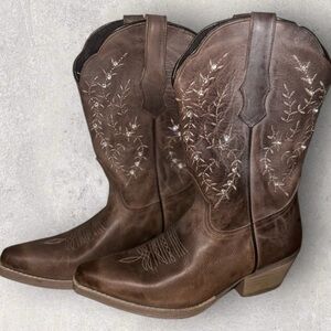 NWT Sterling River Leather Old West Brown Embroidered Heeled Boots Women’s 9.5